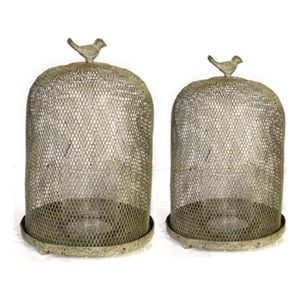 Vintage Candle Holder Set of 2- Sparrow Accent Mesh Dome Design- Gray