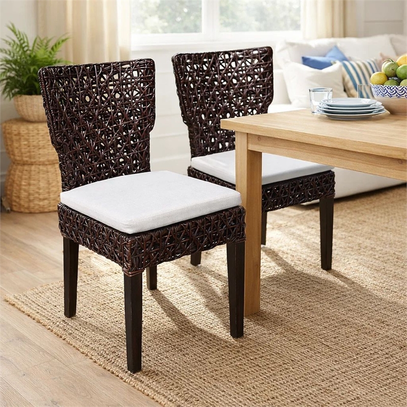 Dining Side Chair- Rattan Woven Seat and Back- Modern Black Wood Frame