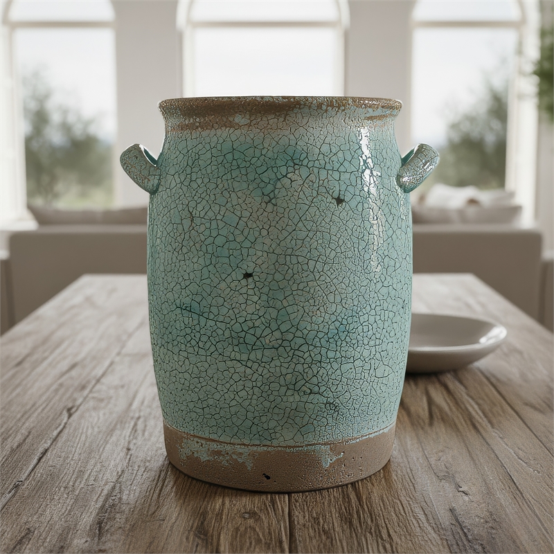 Decorative Vase with Crackle Glaze- 8 Inch Aqua Turquoise Ceramic