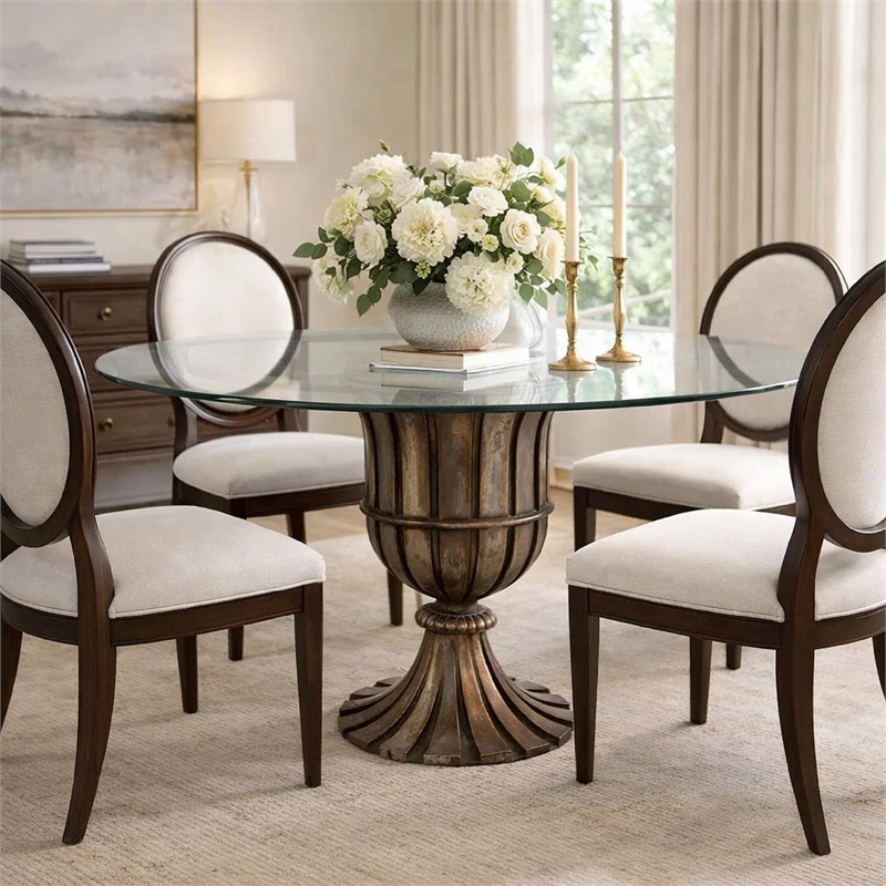 Dining Table- 60 Inch Round Clear Glass Top- Classical Bronze Metal Base