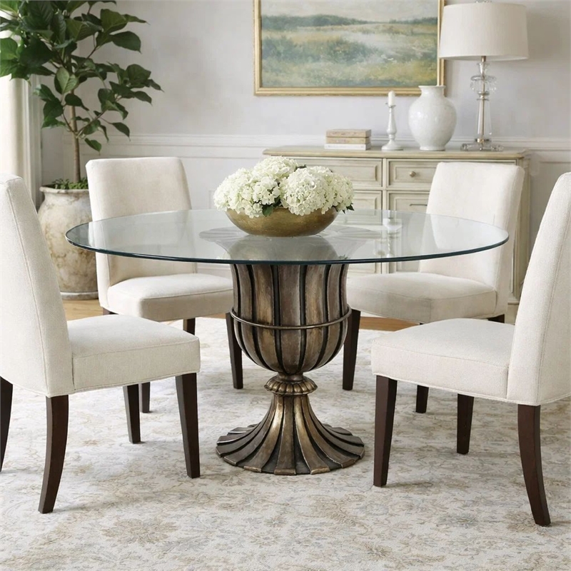 Dining Table- 60 Inch Round Clear Glass Top- Classical Bronze Metal Base