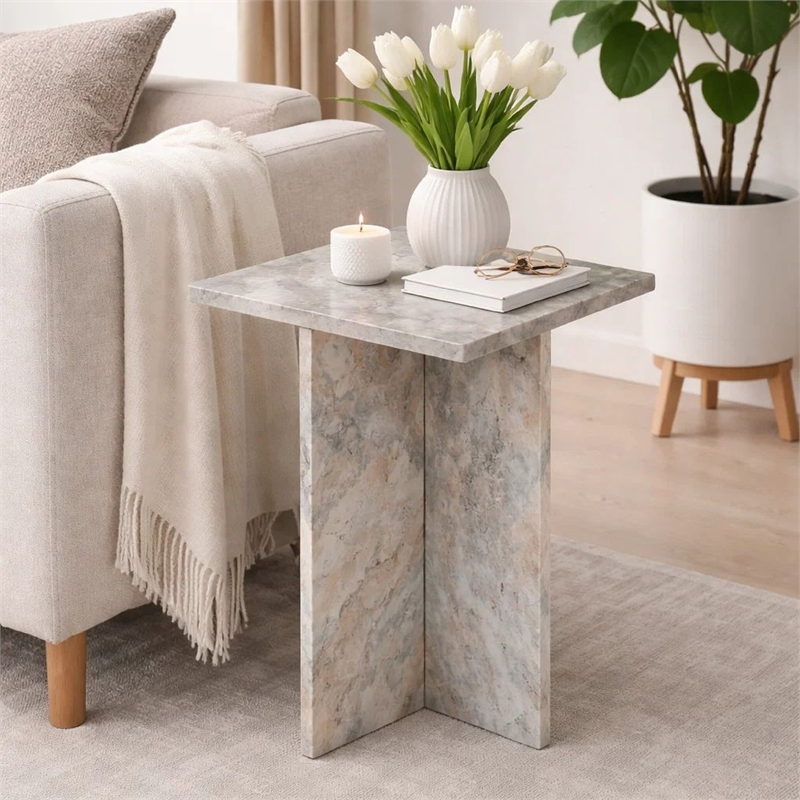Levi Side End Table- 15 Inch Square Top- Geometric Gray Marble Base