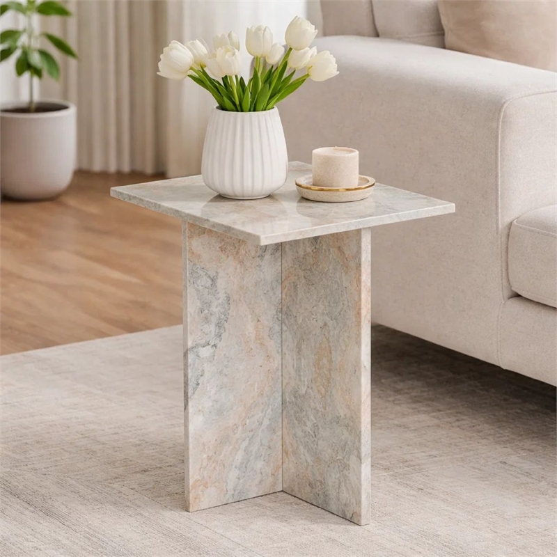 Levi Side End Table- 15 Inch Square Top- Geometric Gray Marble Base