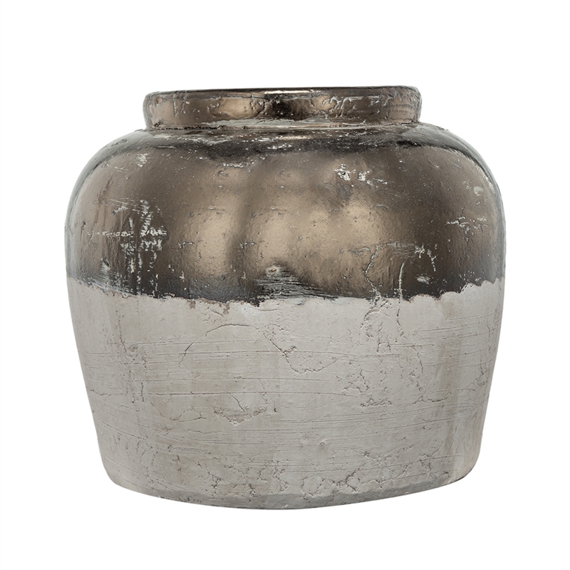 Accent Flower Vase- Rustic Bronze and Silver Terracotta- 13 Inch Round