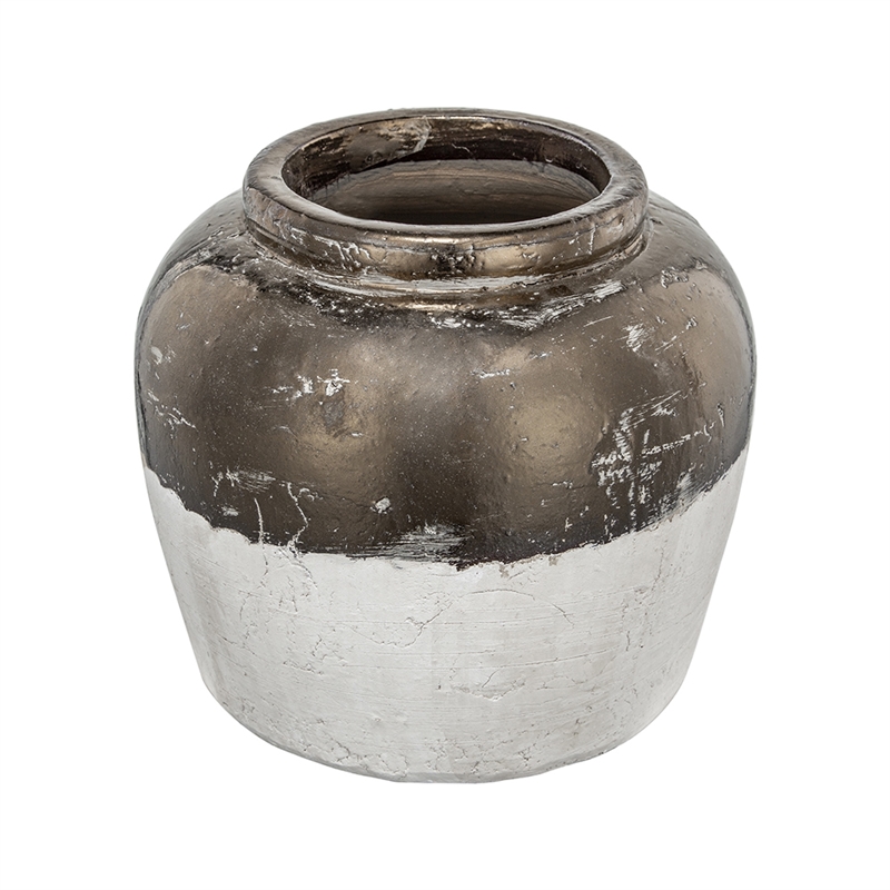 Accent Flower Vase- Rustic Bronze and Silver Terracotta- 13 Inch Round
