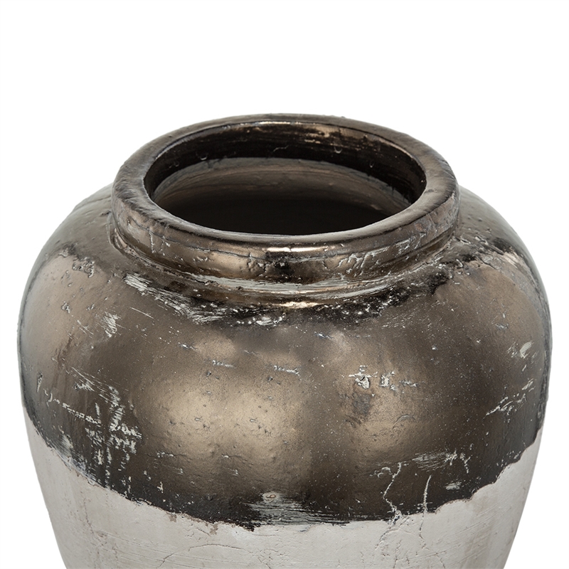 Accent Flower Vase- Rustic Bronze and Silver Terracotta- 13 Inch Round
