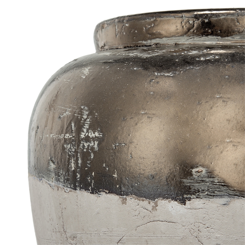 Accent Flower Vase- Rustic Bronze and Silver Terracotta- 13 Inch Round