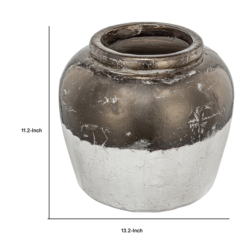 Accent Flower Vase- Rustic Bronze and Silver Terracotta- 13 Inch Round