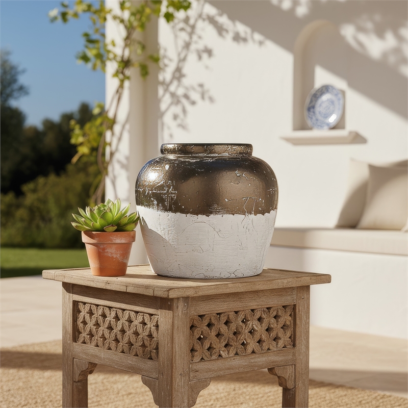 Accent Flower Vase- Rustic Bronze and Silver Terracotta- 13 Inch Round