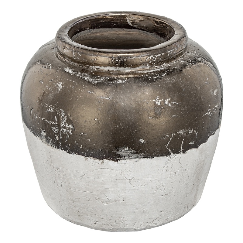 Accent Flower Vase- Rustic Bronze and Silver Terracotta- 13 Inch Round
