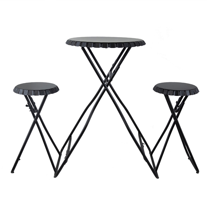 Stowable Folding Side Table and 2 Stool Set- Round Top- Black Iron