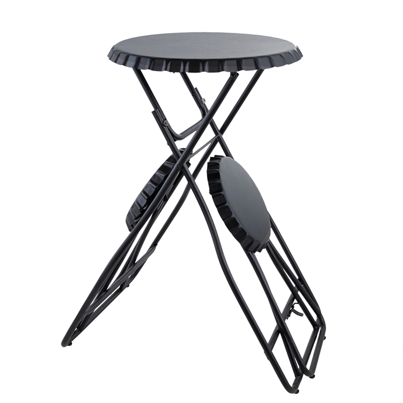 Stowable Folding Side Table and 2 Stool Set- Round Top- Black Iron