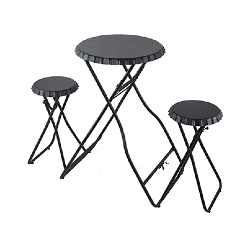 Stowable Folding Side Table and 2 Stool Set- Round Top- Black Iron