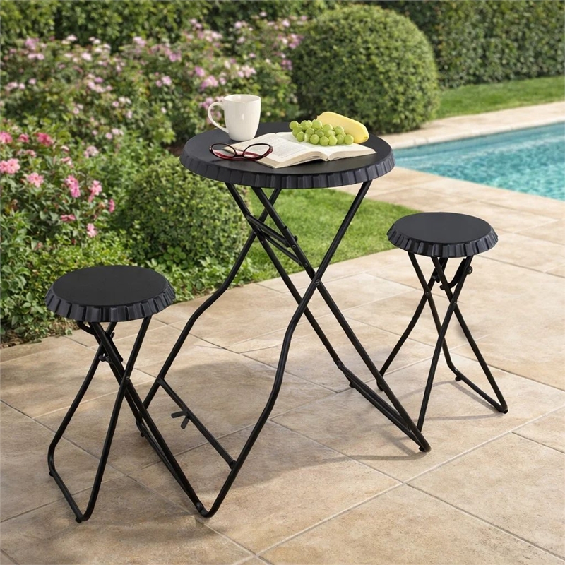 Stowable Folding Side Table and 2 Stool Set- Round Top- Black Iron