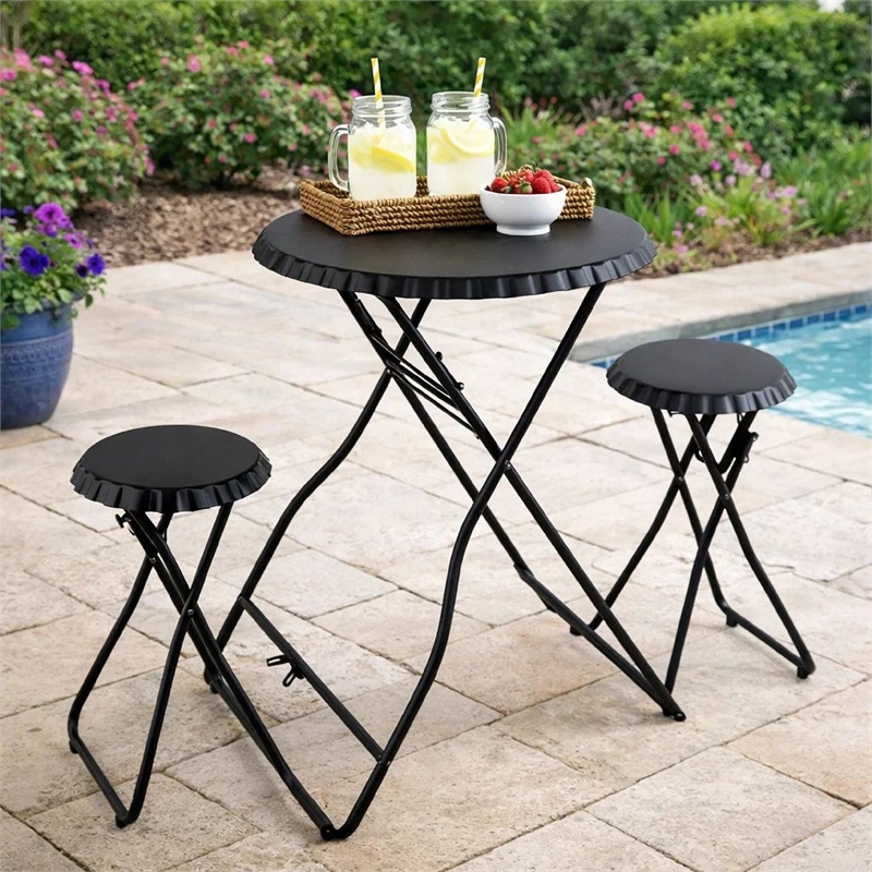 Stowable Folding Side Table and 2 Stool Set- Round Top- Black Iron