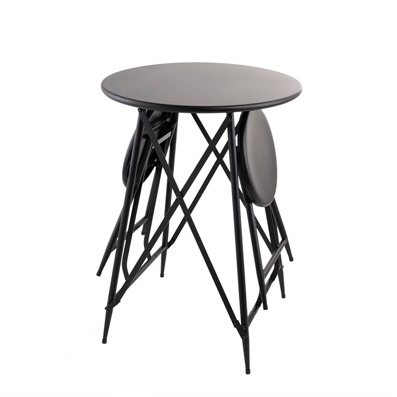 Stowable Folding Side Table- 2 Stool Set- Round Top- Black Iron Cross Base