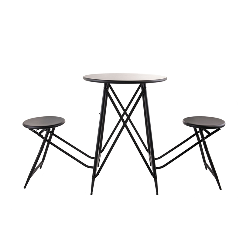 Stowable Folding Side Table- 2 Stool Set- Round Top- Black Iron Cross Base
