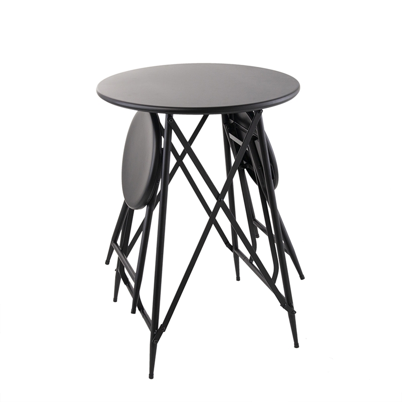 Stowable Folding Side Table- 2 Stool Set- Round Top- Black Iron Cross Base