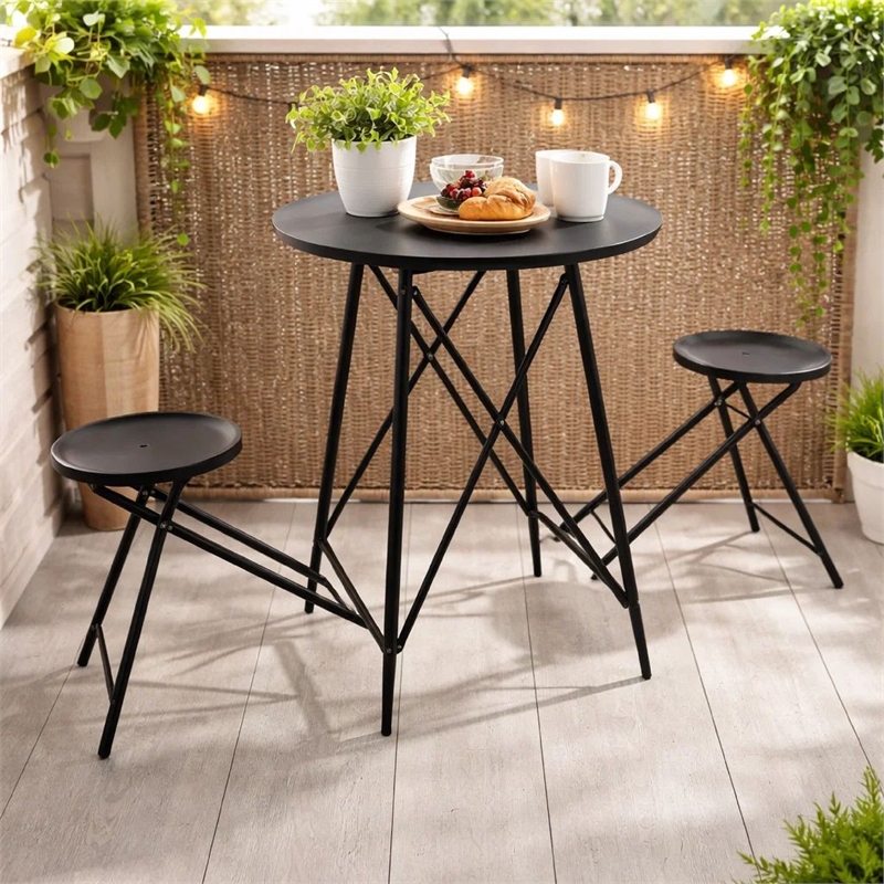 Stowable Folding Side Table- 2 Stool Set- Round Top- Black Iron Cross Base
