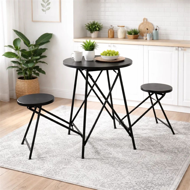 Stowable Folding Side Table- 2 Stool Set- Round Top- Black Iron Cross Base