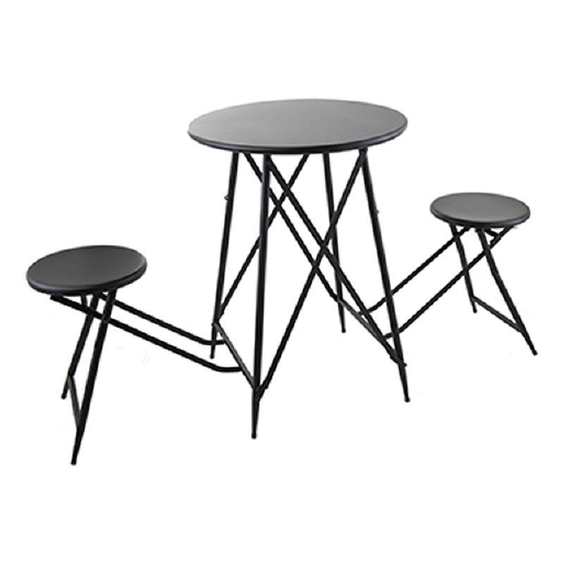 Stowable Folding Side Table- 2 Stool Set- Round Top- Black Iron Cross Base