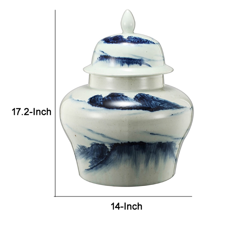 Decorative Ginger Jar with Lid- 17 Inch White and Blue Porcelain