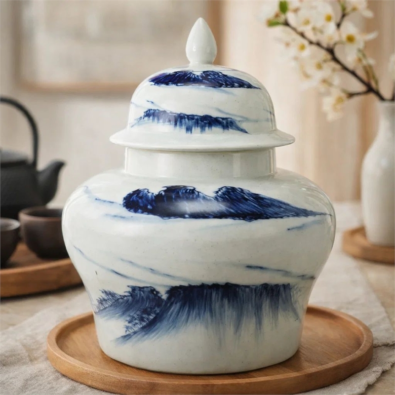 Decorative Ginger Jar with Lid- 17 Inch White and Blue Porcelain