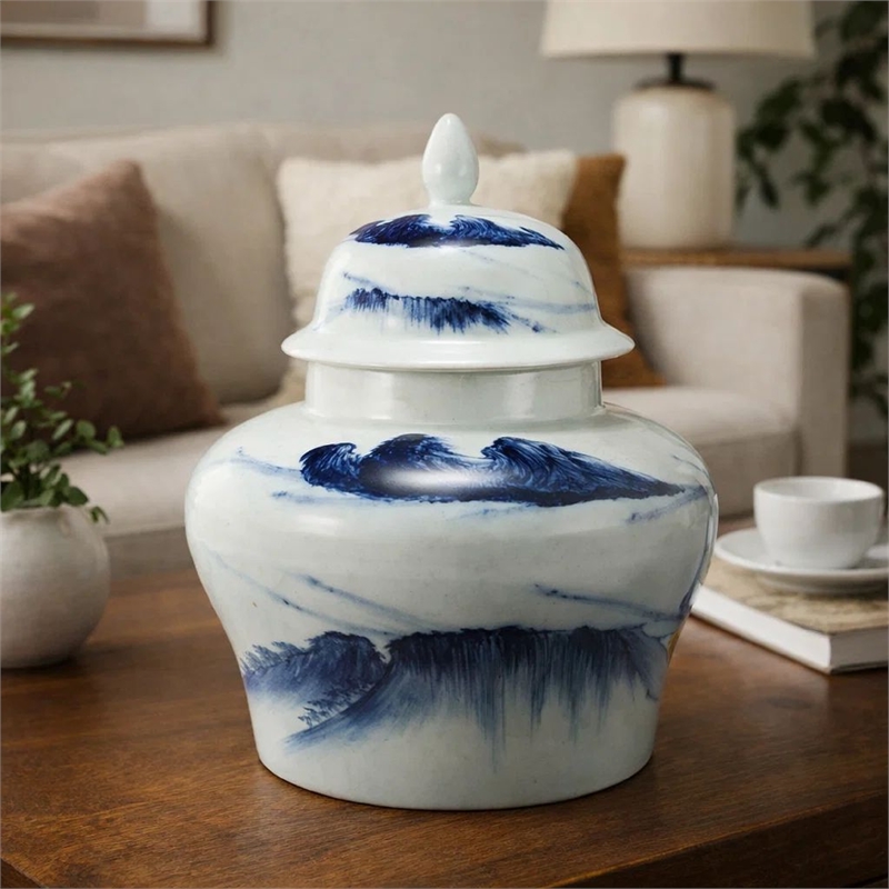Decorative Ginger Jar with Lid- 17 Inch White and Blue Porcelain