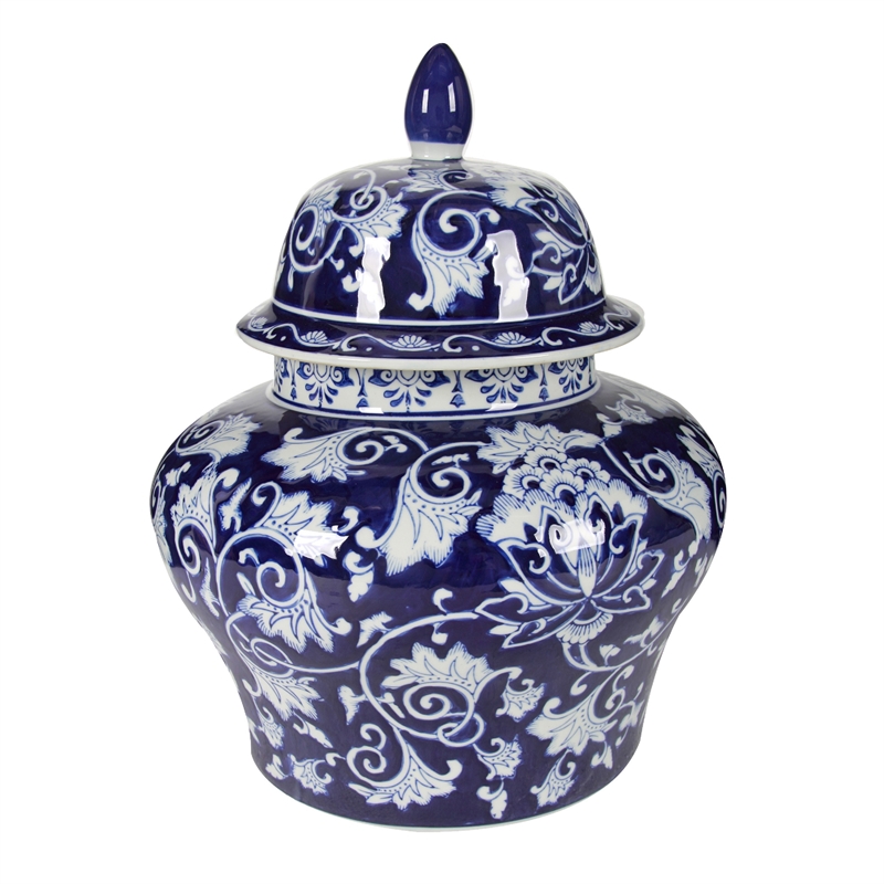 Lina Ginger Jar- Floral and Scroll Design- Blue and White Porcelain 17 Inch