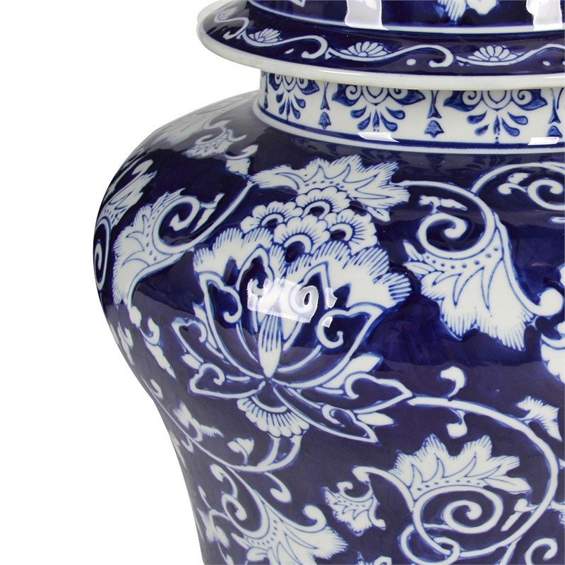 Lina Ginger Jar- Floral and Scroll Design- Blue and White Porcelain 17 Inch