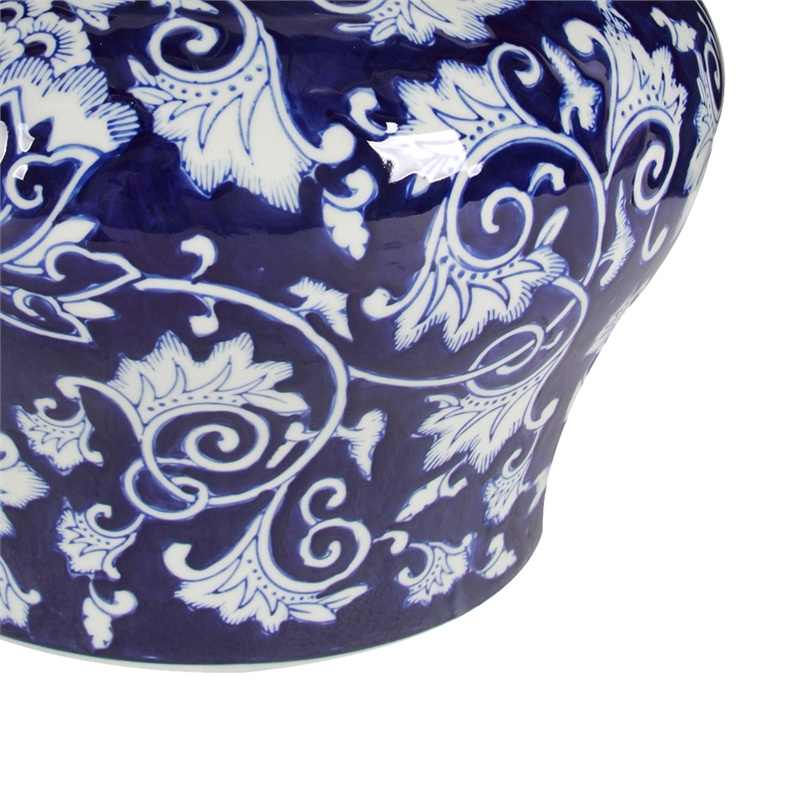 Lina Ginger Jar- Floral and Scroll Design- Blue and White Porcelain 17 Inch
