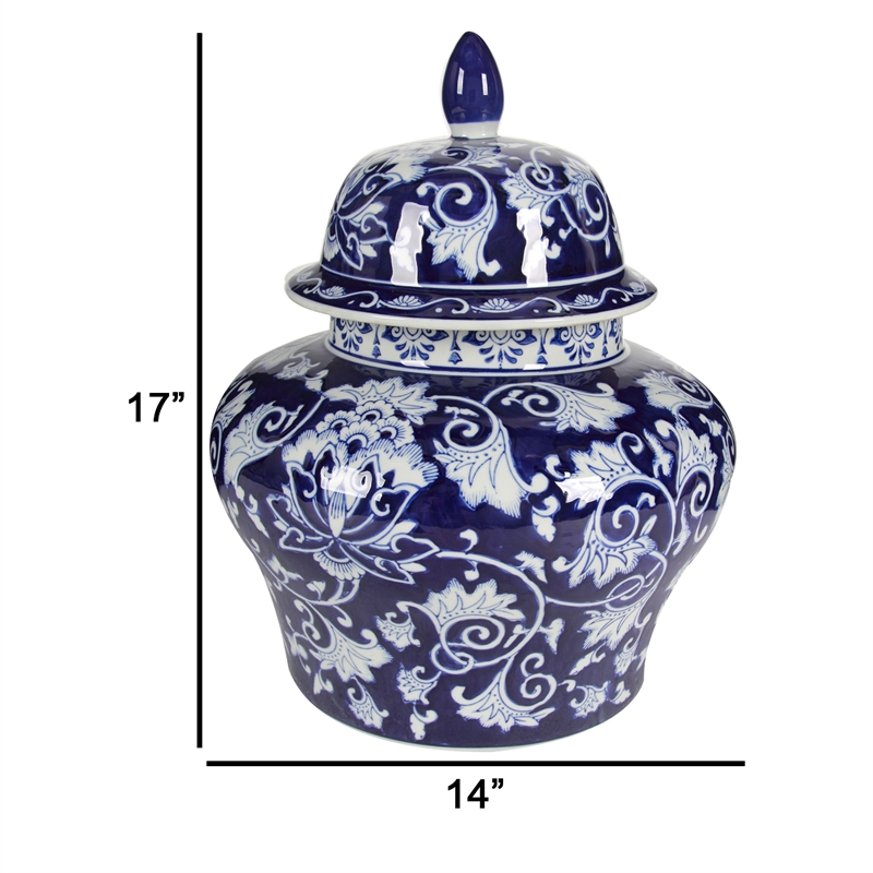 Lina Ginger Jar- Floral and Scroll Design- Blue and White Porcelain 17 Inch
