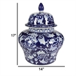 Lina Ginger Jar- Floral and Scroll Design- Blue and White Porcelain 17 Inch