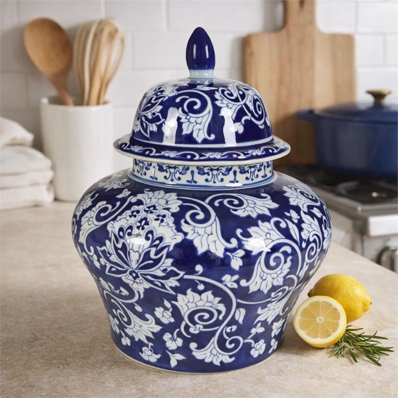 Lina Ginger Jar- Floral and Scroll Design- Blue and White Porcelain 17 Inch