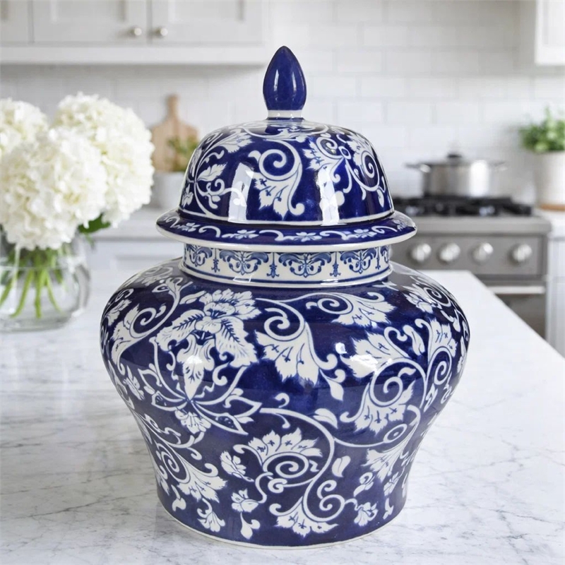 Lina Ginger Jar- Floral and Scroll Design- Blue and White Porcelain 17 Inch