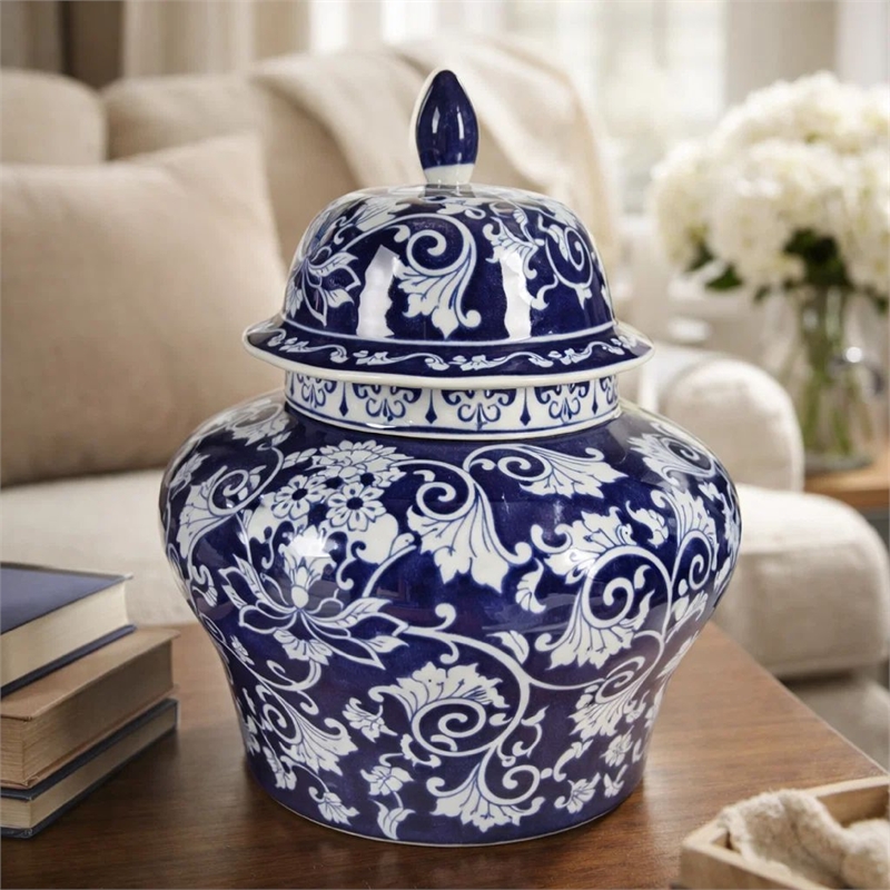 Lina Ginger Jar- Floral and Scroll Design- Blue and White Porcelain 17 Inch