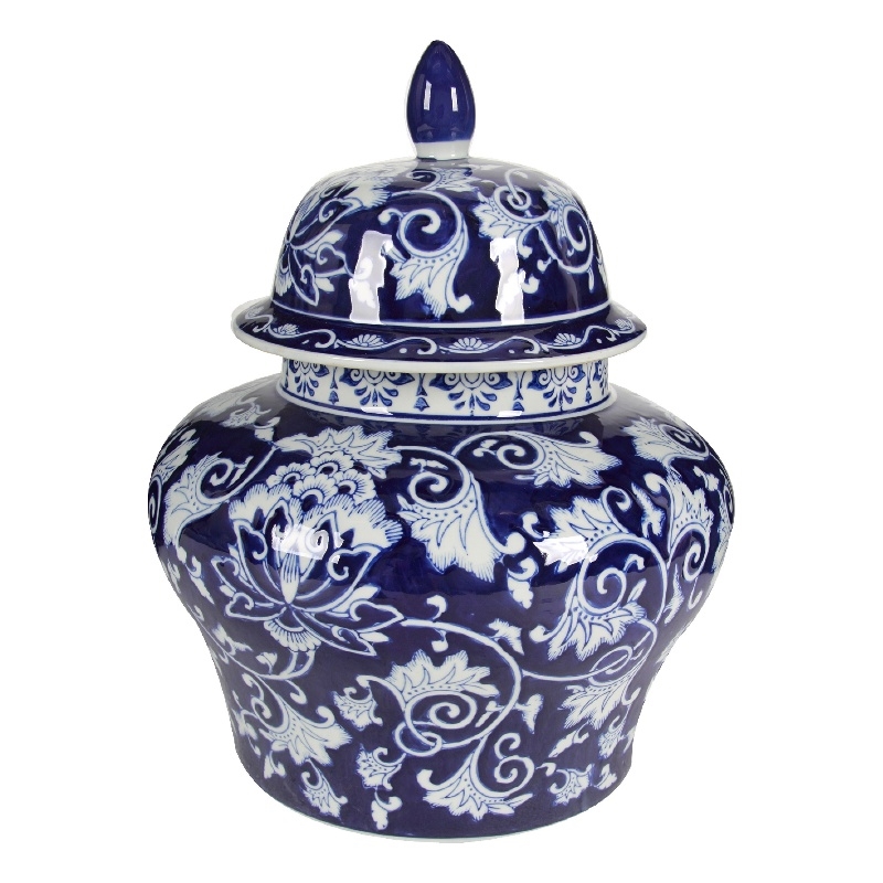 Lina Ginger Jar- Floral and Scroll Design- Blue and White Porcelain 17 Inch