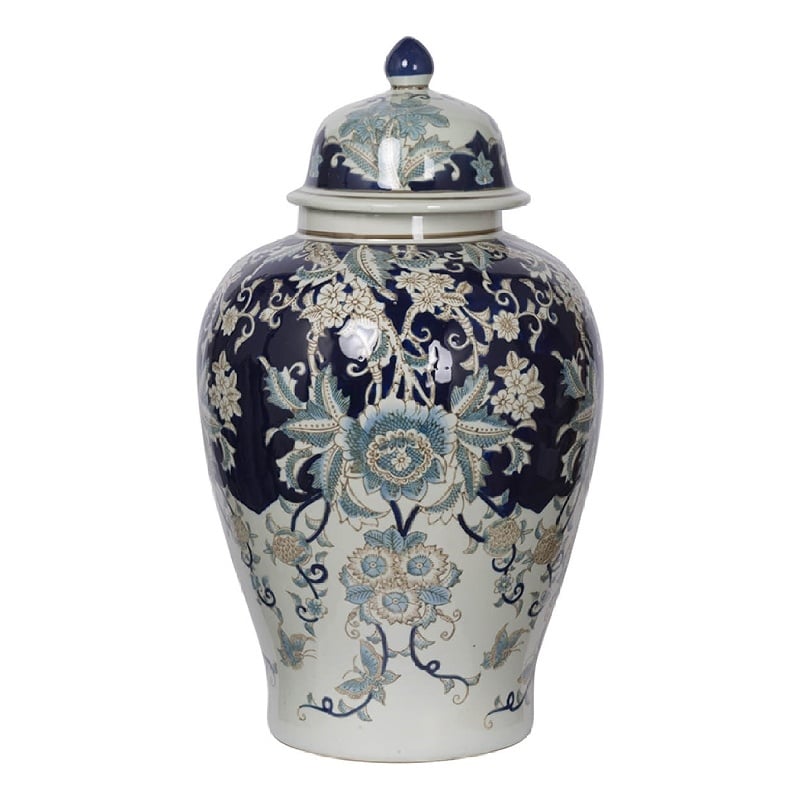 Rayn Ginger Jar with Lid- Blue White Chinoiserie Art- 23 Inch Porcelain