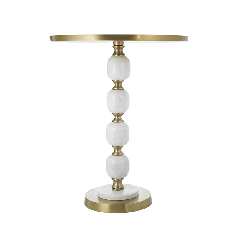 Siny Side End Table- 16 Inch Round Top- White- Gold Stacked Balls Base