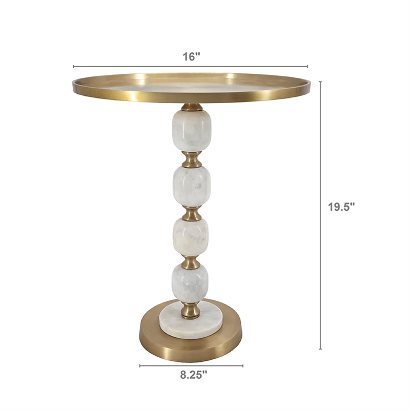 Siny Side End Table- 16 Inch Round Top- White- Gold Stacked Balls Base