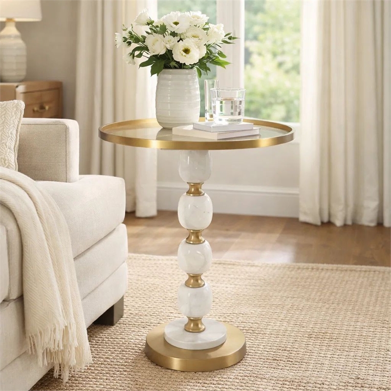 Siny Side End Table- 16 Inch Round Top- White- Gold Stacked Balls Base