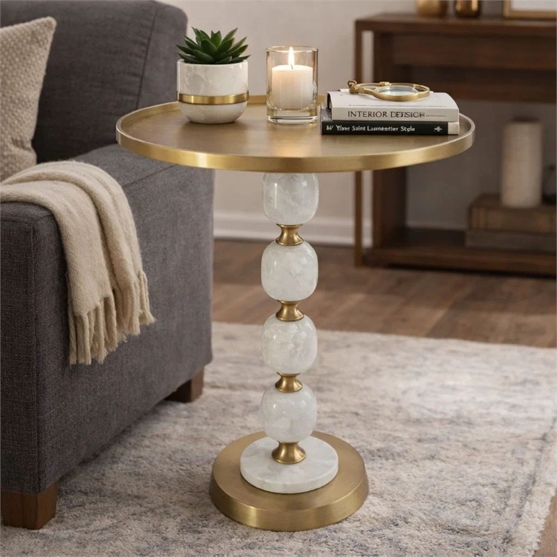 Siny Side End Table- 16 Inch Round Top- White- Gold Stacked Balls Base