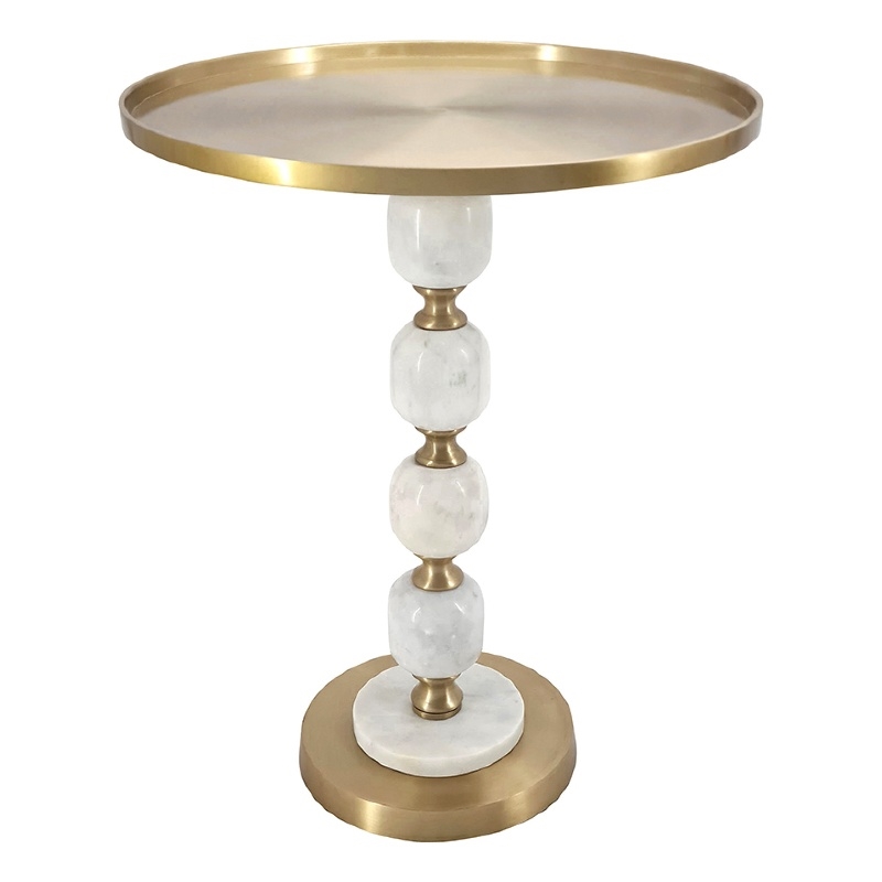 Siny Side End Table- 16 Inch Round Top- White- Gold Stacked Balls Base