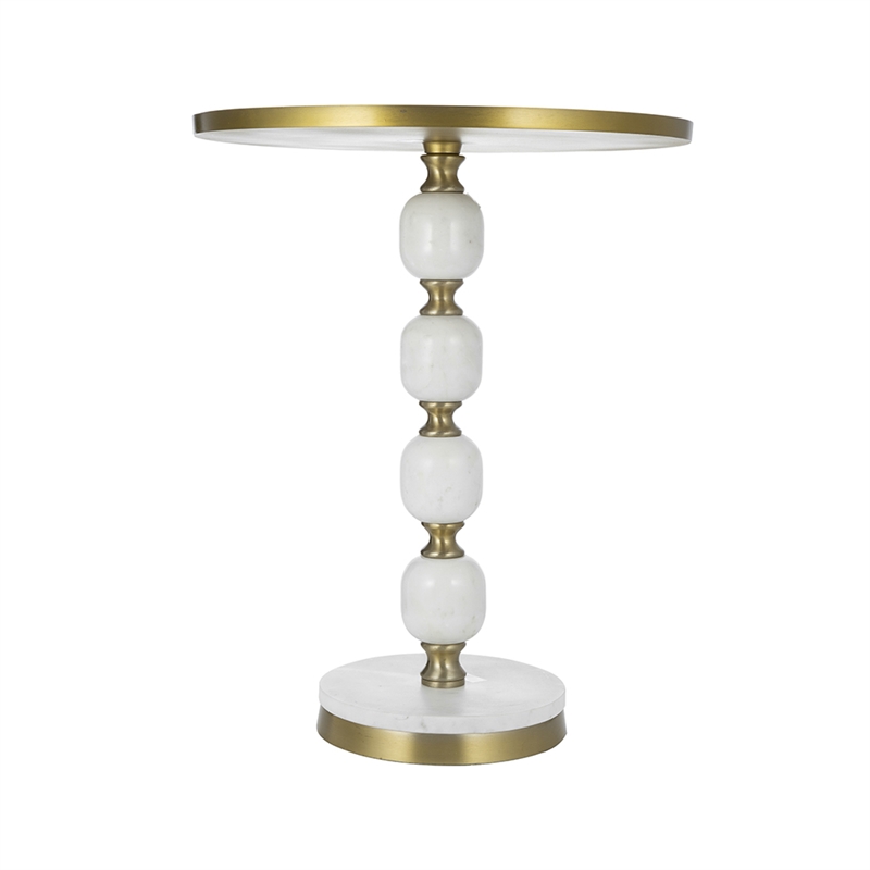 Siny Accent Side End Table- 16 Inch Round White- Gold Stacked Balls Base