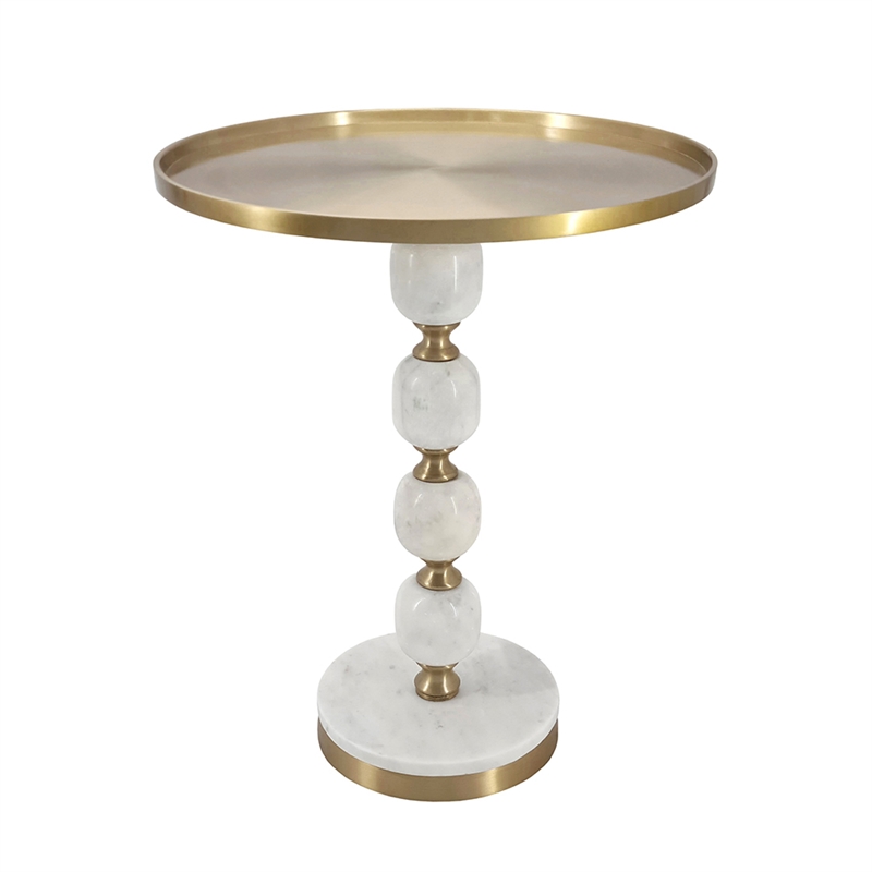 Siny Accent Side End Table- 16 Inch Round White- Gold Stacked Balls Base