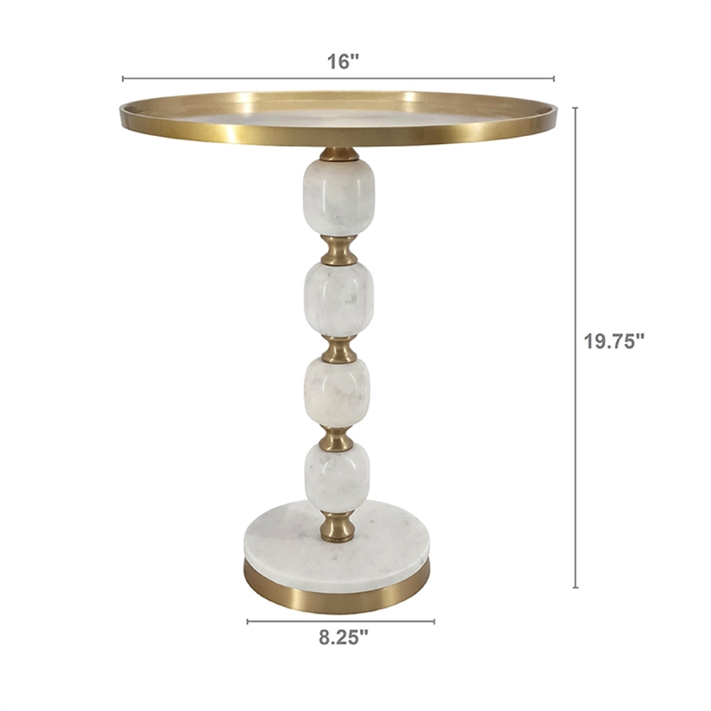 Siny Accent Side End Table- 16 Inch Round White- Gold Stacked Balls Base