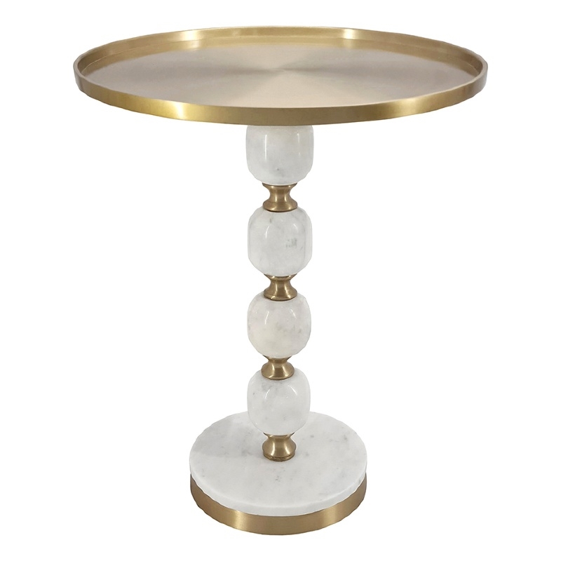 Siny Accent Side End Table- 16 Inch Round White- Gold Stacked Balls Base