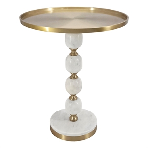 Siny Accent Side End Table- 16 Inch Round White- Gold Stacked Balls Base