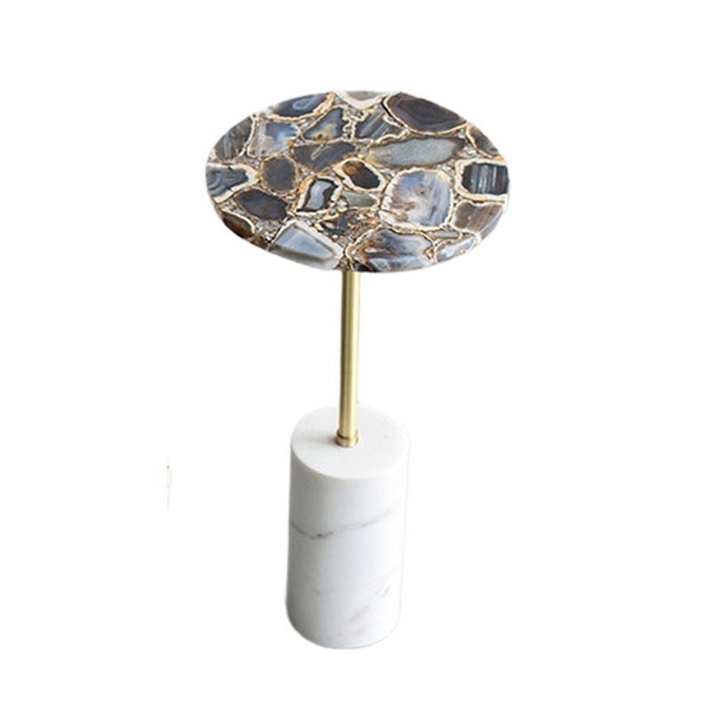 Lima Side End Table- 12 Inch Round Black Agate- Marble Cylinder Base