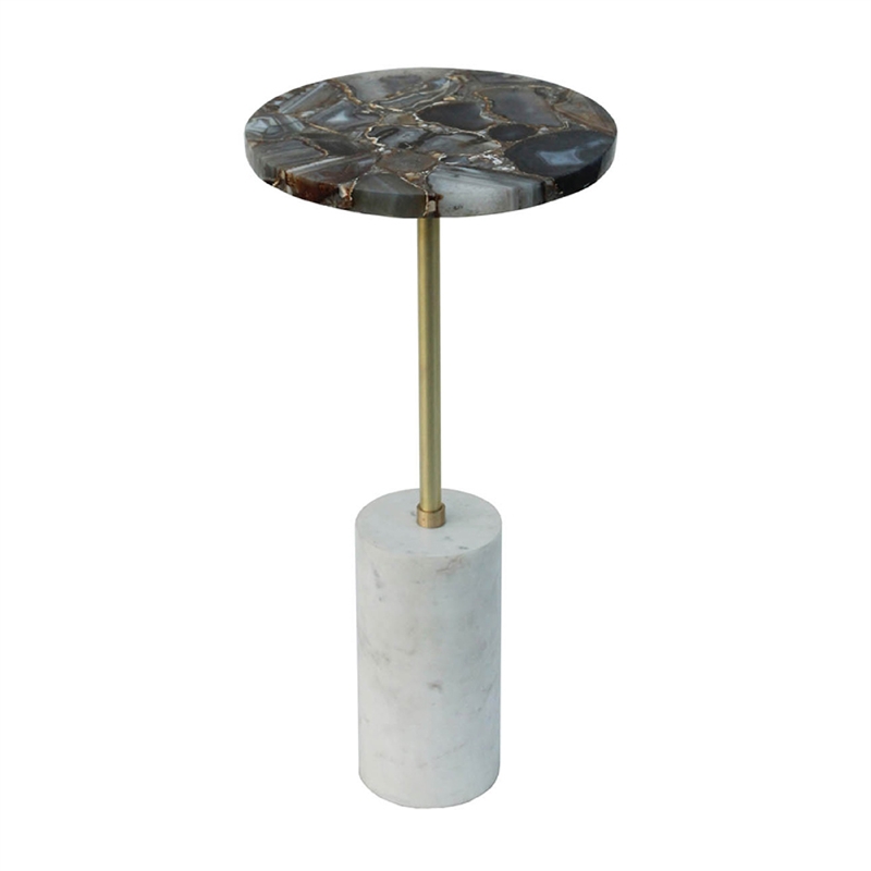 Lima Side End Table- 12 Inch Round Black Agate- Marble Cylinder Base